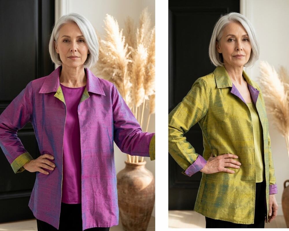 Anu by Natural Size XL Dupioni Iridescent Silk Reversible Purple Green Jacket